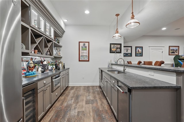 133 Morningside Dr, Cranberry Twp, PA 16066 - kitchen featuring a sink, beverage cooler, appliances with stainless steel finishes, gray cabinetry, and dark wood finished floors