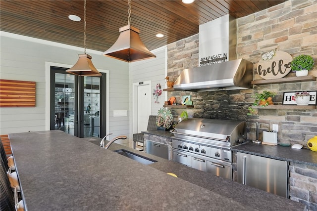 133 Morningside Dr, Cranberry Twp, PA 16066 - kitchen featuring wall chimney range hood, a sink, dark countertops, stainless steel fridge, and wood ceiling
