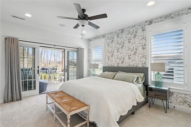 133 Morningside Dr, Cranberry Twp, PA 16066 - carpeted bedroom with access to exterior, wallpapered walls, baseboards, recessed lighting, and ceiling fan