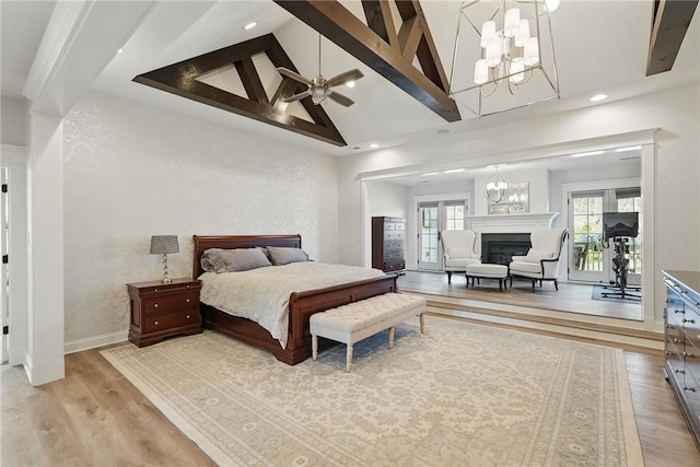 133 Morningside Dr, Cranberry Twp, PA 16066 - bedroom featuring a fireplace, a chandelier, light wood-type flooring, baseboards, and recessed lighting
