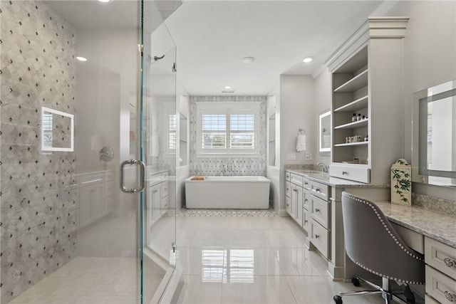 133 Morningside Dr, Cranberry Twp, PA 16066 - full bath featuring a shower stall, tile patterned flooring, a soaking tub, vanity, and recessed lighting