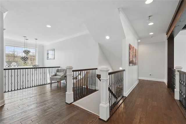 133 Morningside Dr, Cranberry Twp, PA 16066 - hallway with an upstairs landing, wood finished floors, crown molding, baseboards, and recessed lighting