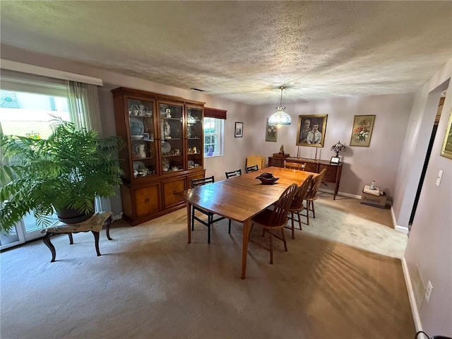 dining room with baseboards, a textured ceiling, light colored carpet, and a wealth of natural light