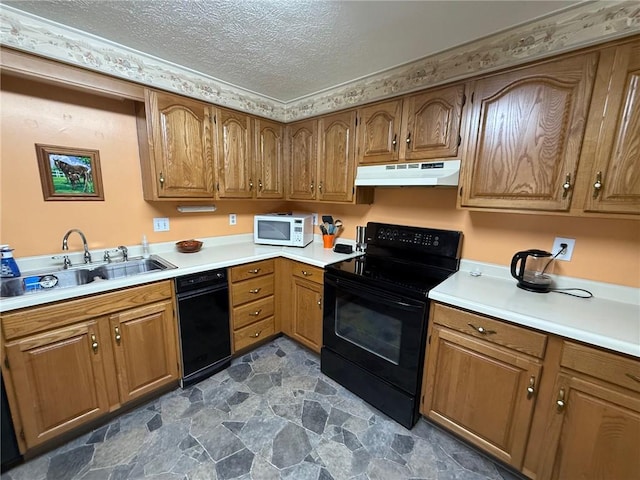 kitchen featuring electric range, white microwave, a textured ceiling, under cabinet range hood, and a sink