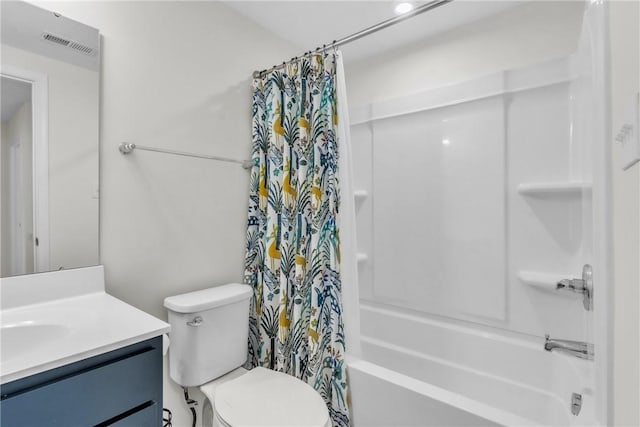 bathroom featuring toilet, shower / bath combo, visible vents, and vanity