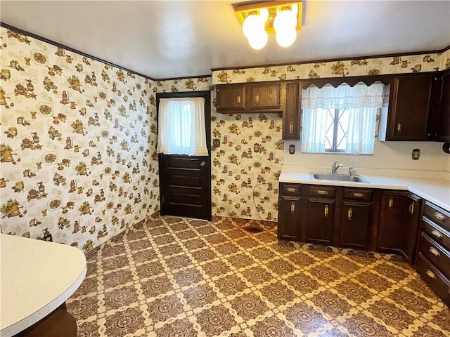3974 Tuxey Ave, Brentwood, PA 15227 - kitchen with plenty of natural light, light countertops, dark brown cabinetry, and wallpapered walls