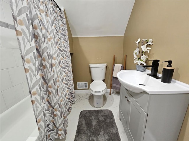 full bath featuring vanity, toilet, marble finish floor, shower / tub combo, and visible vents