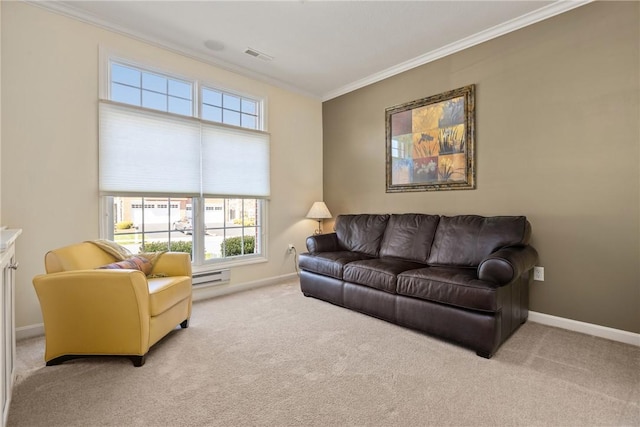 living area with a baseboard heating unit, visible vents, ornamental molding, and carpet floors