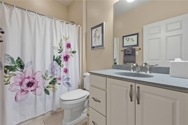 full bathroom with vanity, toilet, a shower with shower curtain, and tile patterned flooring
