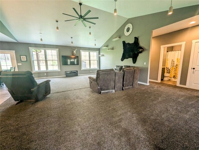 109 Brianna Ln, Oakland Twp, PA 16025 - living room featuring ceiling fan, vaulted ceiling, carpet, and baseboards