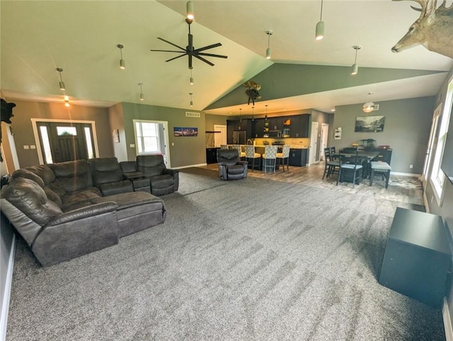 109 Brianna Ln, Oakland Twp, PA 16025 - carpeted living area with baseboards, a ceiling fan, and lofted ceiling
