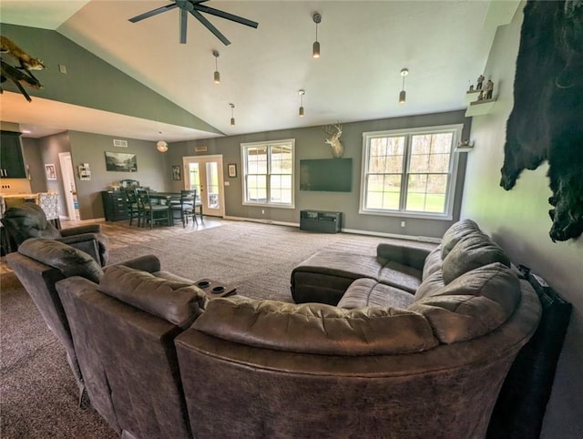 109 Brianna Ln, Oakland Twp, PA 16025 - carpeted living room with visible vents, ceiling fan, vaulted ceiling, and baseboards