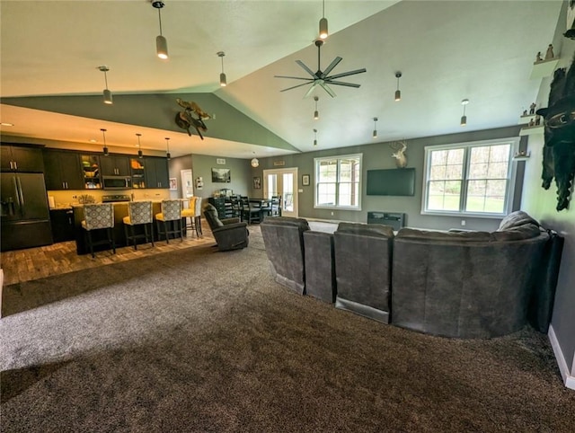 109 Brianna Ln, Oakland Twp, PA 16025 - carpeted living room with a ceiling fan and vaulted ceiling