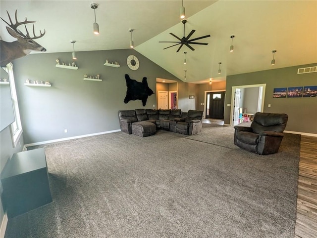 109 Brianna Ln, Oakland Twp, PA 16025 - carpeted living room with visible vents, ceiling fan, high vaulted ceiling, and baseboards