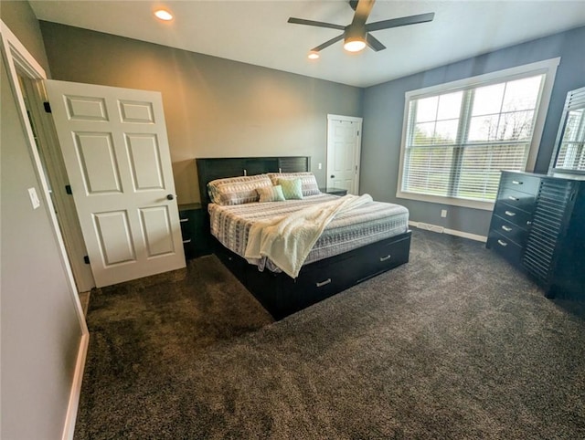 109 Brianna Ln, Oakland Twp, PA 16025 - bedroom with dark carpet, ceiling fan, recessed lighting, and baseboards