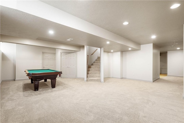 recreation room featuring pool table, recessed lighting, baseboards, and light carpet