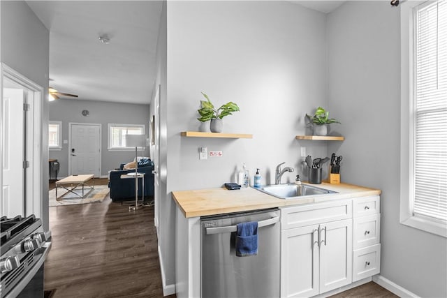 17 Lelia St, Mt Washington, PA 15211 - kitchen featuring stainless steel appliances, a sink, open shelves, dark wood-style flooring, and white cabinets
