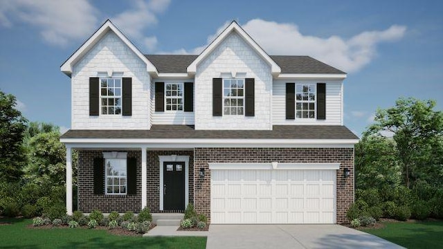 view of front of house with driveway, brick siding, a shingled roof, and an attached garage