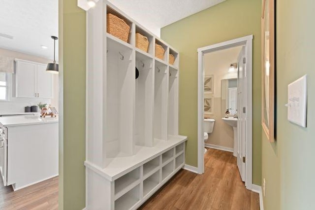 mudroom featuring baseboards and light wood-style floors