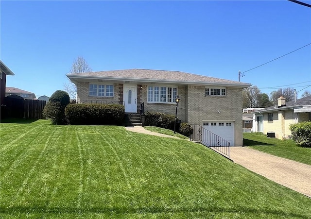 view of front facade featuring a front lawn, driveway, an attached garage, and brick siding