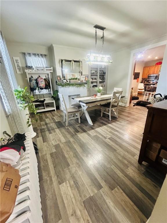 dining space featuring wood finished floors and ornamental molding