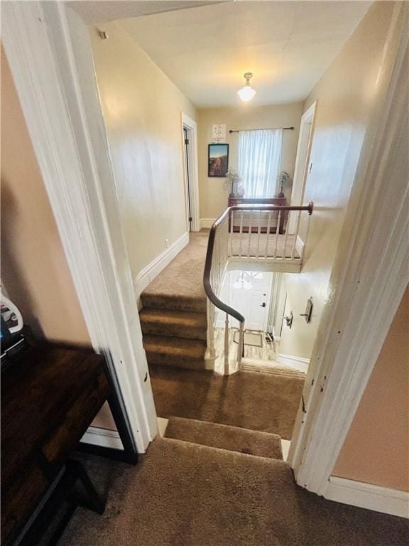 stairway with baseboards and carpet floors
