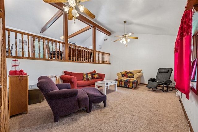 carpeted living area with lofted ceiling with beams and a ceiling fan
