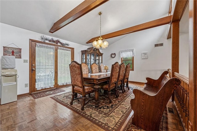 dining area with a notable chandelier, baseboards, vaulted ceiling with beams, and visible vents