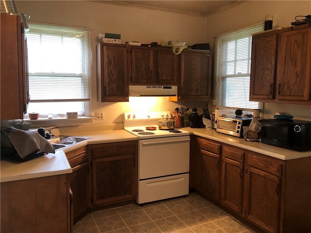 kitchen with a toaster, under cabinet range hood, ornamental molding, black microwave, and white electric range oven