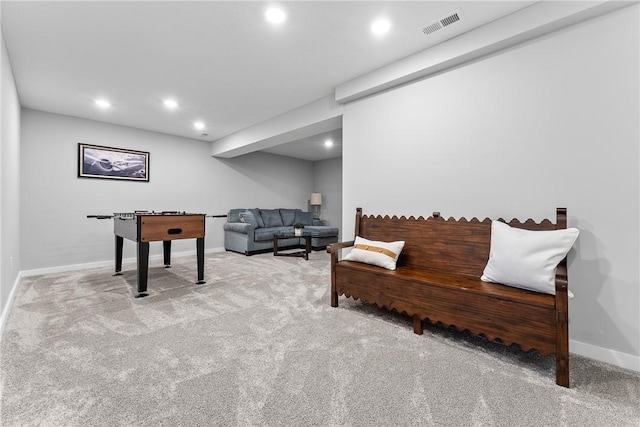 interior space with recessed lighting, visible vents, carpet, and baseboards