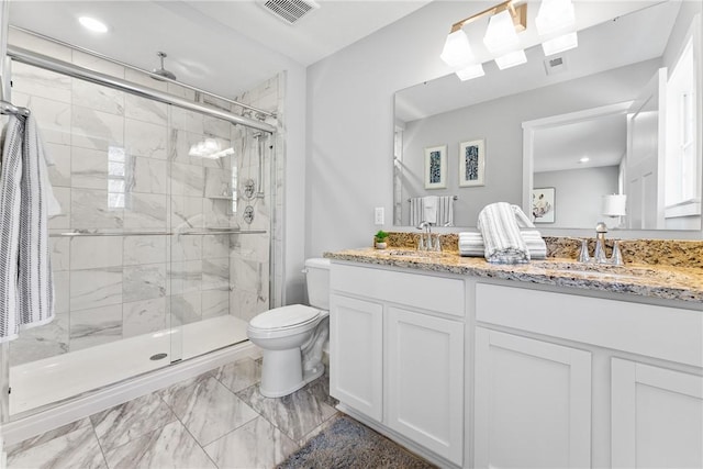 full bath with visible vents, toilet, marble finish floor, and a sink