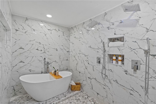 1507 Allegheny Ave, Manchester, PA 15233 - full bath featuring a freestanding tub, tile walls, recessed lighting, and a marble finish shower