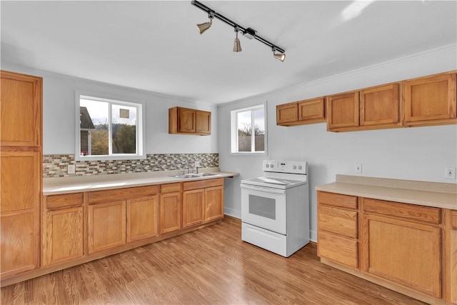 kitchen with a sink, backsplash, electric range, and light countertops