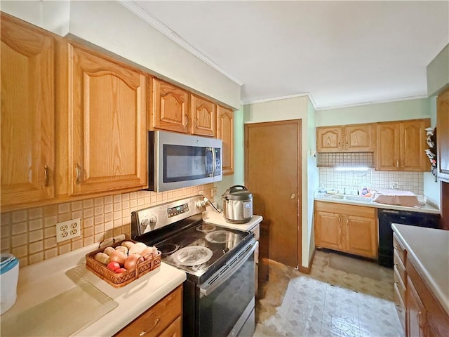 1025 S Lake Rd, Pa, PA 16137 - kitchen with appliances with stainless steel finishes, backsplash, crown molding, and light countertops
