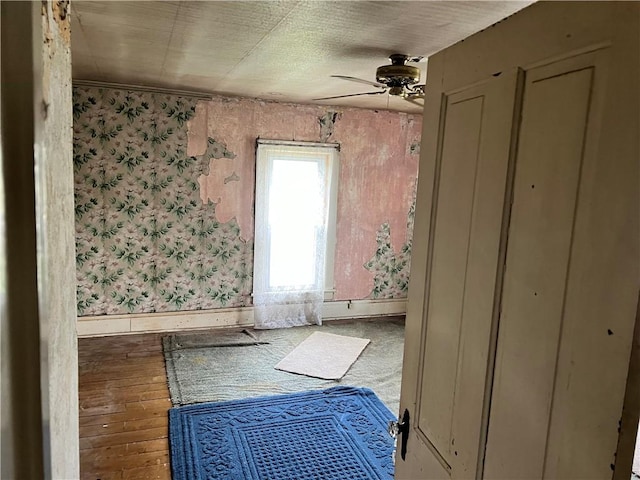 misc room featuring ceiling fan, hardwood / wood-style flooring, wallpapered walls, and baseboards
