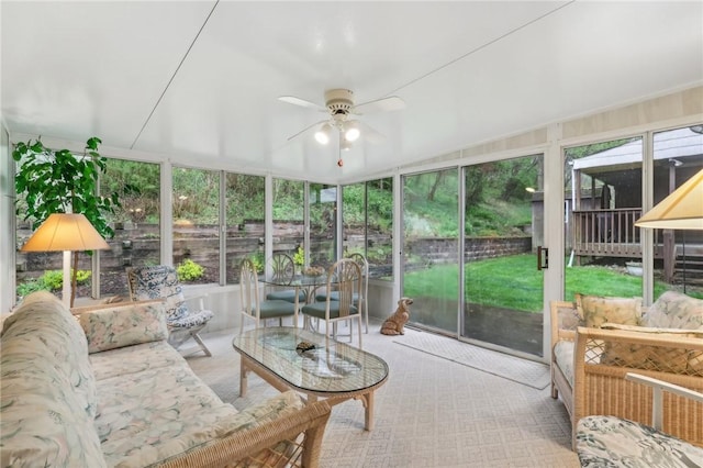 sunroom featuring a wealth of natural light and a ceiling fan
