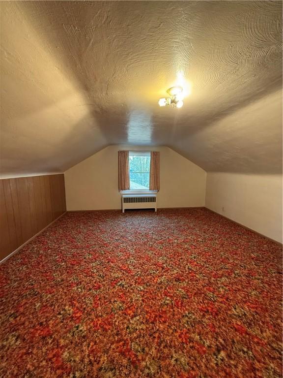 318 Hamburg Rd, Hempfield Twp Mer, PA 16125 - bonus room with radiator, a textured ceiling, carpet flooring, and lofted ceiling