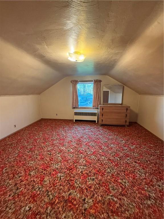 318 Hamburg Rd, Hempfield Twp Mer, PA 16125 - bonus room with radiator, a textured ceiling, lofted ceiling, and carpet flooring