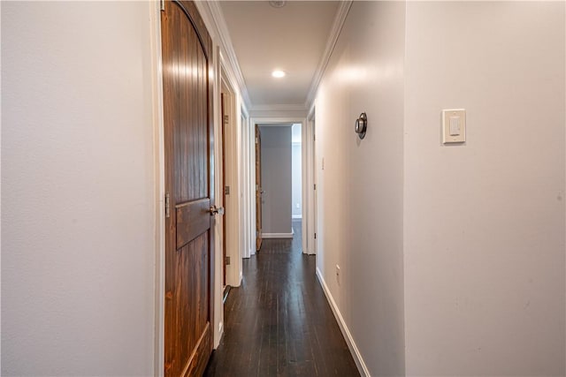 215 Wyngate Rd, Moon/Crescent Twp, PA 15108 - hallway with baseboards, dark wood-style flooring, and crown molding