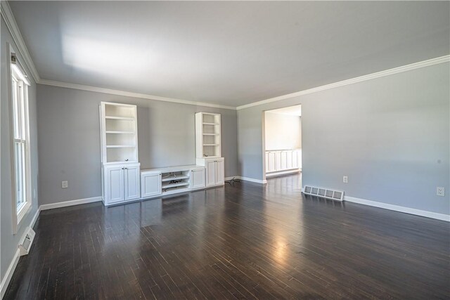 215 Wyngate Rd, Moon/Crescent Twp, PA 15108 - unfurnished living room featuring dark wood finished floors, visible vents, ornamental molding, and baseboards