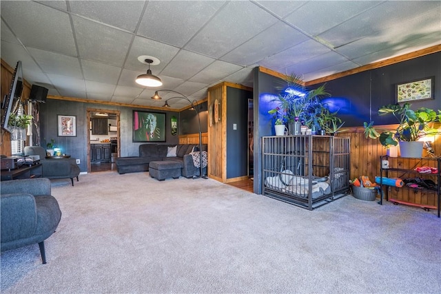 337 Whitestown Rd, Twp Of But Nw, PA 16001 - living area with carpet, wooden walls, and a drop ceiling
