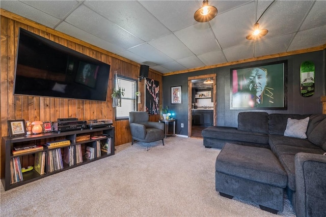 337 Whitestown Rd, Twp Of But Nw, PA 16001 - carpeted living area featuring wood walls and a paneled ceiling