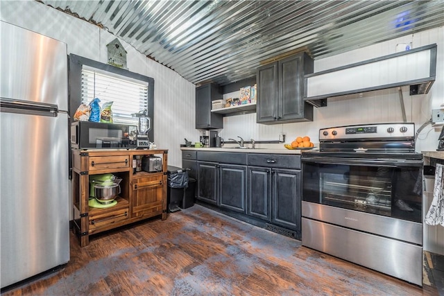 337 Whitestown Rd, Twp Of But Nw, PA 16001 - kitchen featuring open shelves, a sink, stainless steel appliances, light countertops, and dark wood finished floors