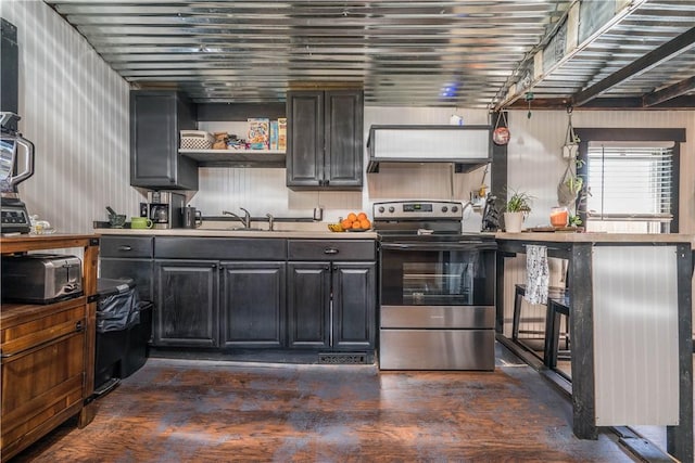 337 Whitestown Rd, Twp Of But Nw, PA 16001 - kitchen featuring stainless steel electric range oven, open shelves, a sink, light countertops, and dark wood finished floors