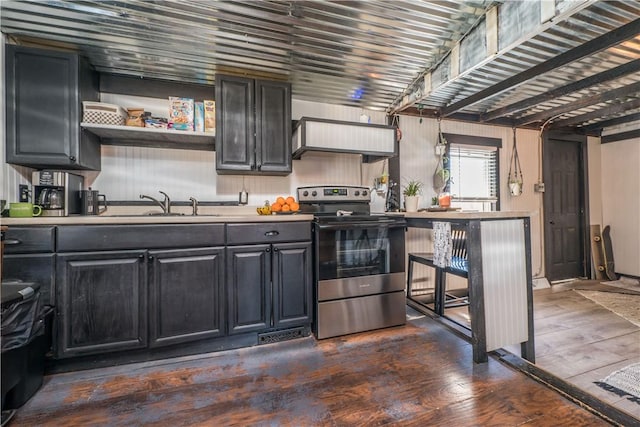 337 Whitestown Rd, Twp Of But Nw, PA 16001 - kitchen with open shelves, a sink, light countertops, electric stove, and dark wood finished floors