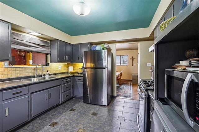 2364 Sheffield Rd, Aliquippa, PA 15001 - kitchen featuring tasteful backsplash, a sink, appliances with stainless steel finishes, dark countertops, and gray cabinetry