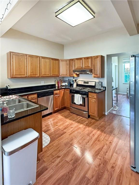 kitchen featuring under cabinet range hood, appliances with stainless steel finishes, dark countertops, light wood finished floors, and a sink