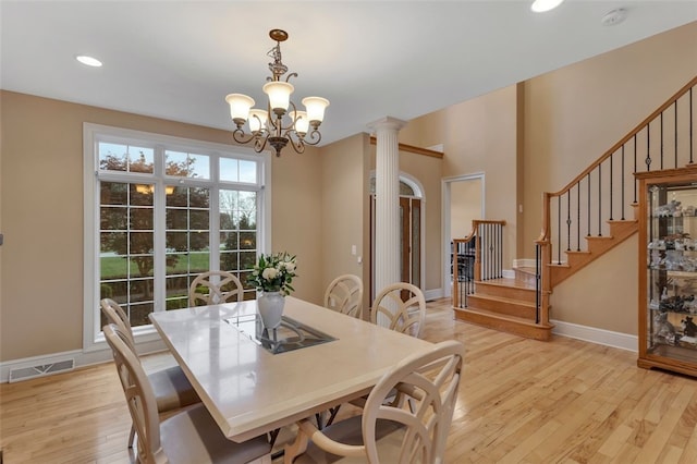 dining room with recessed lighting, stairs, a chandelier, light wood-type flooring, and visible vents