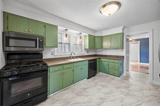 kitchen with marble finish floor, black appliances, a sink, a textured ceiling, and crown molding