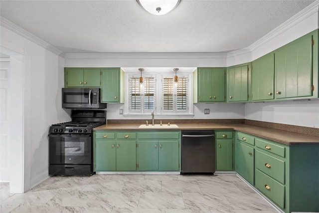 kitchen with a sink, stainless steel appliances, marble finish floor, ornamental molding, and dark countertops